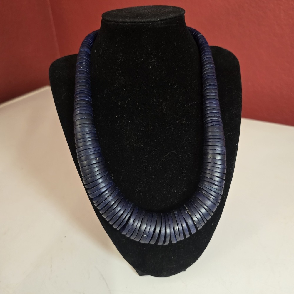 Vintage‎ Handmade Blue Wooden Disk Necklace